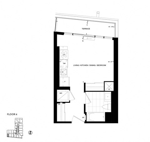 Floor plan for studio, 1 bath, 402 sqft